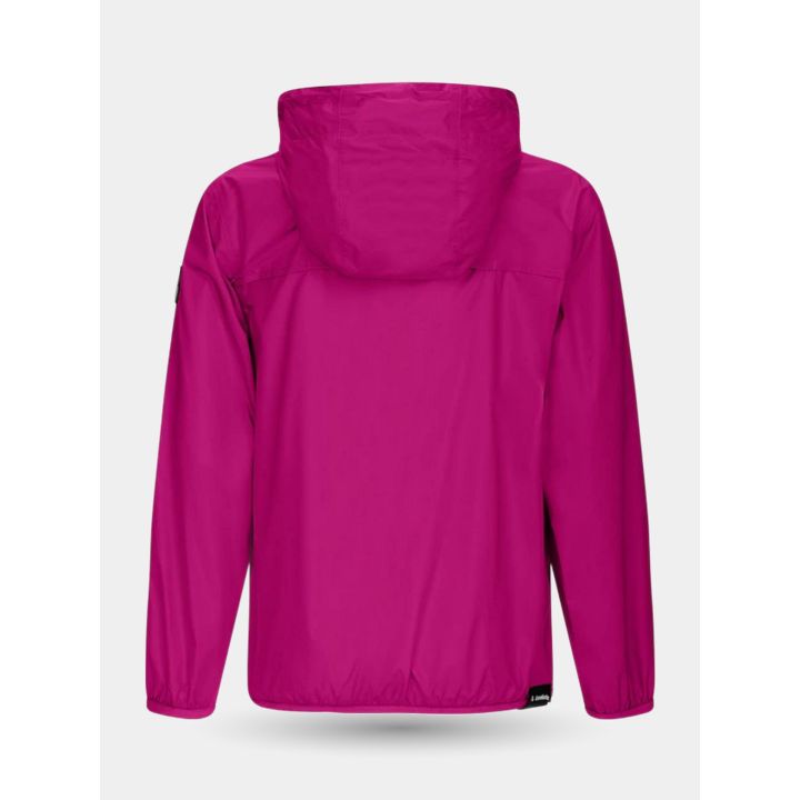Retro dell'antivento fucsia con cappuccio e bordino elastico su fondo e polsi
