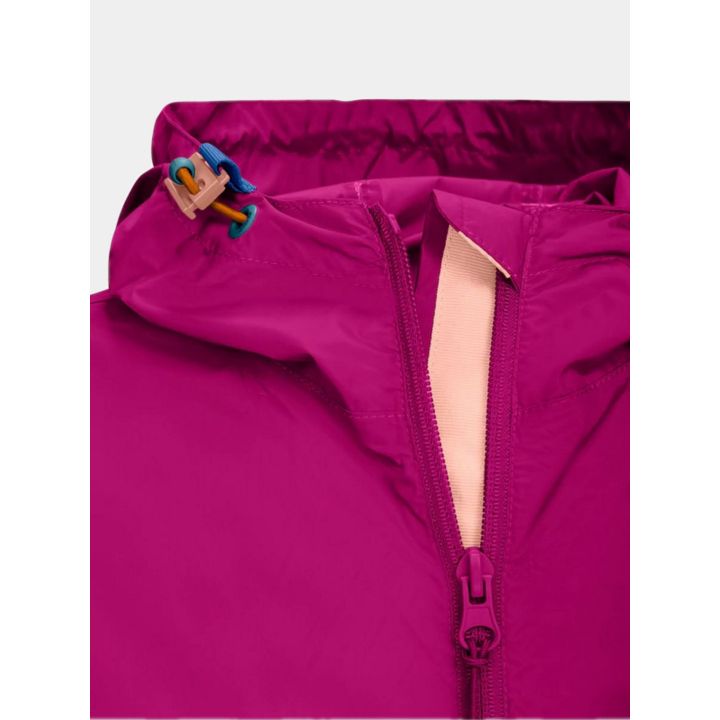 Dettaglio della coulisse con fermi colorati e della fascia rosa interna alla zip