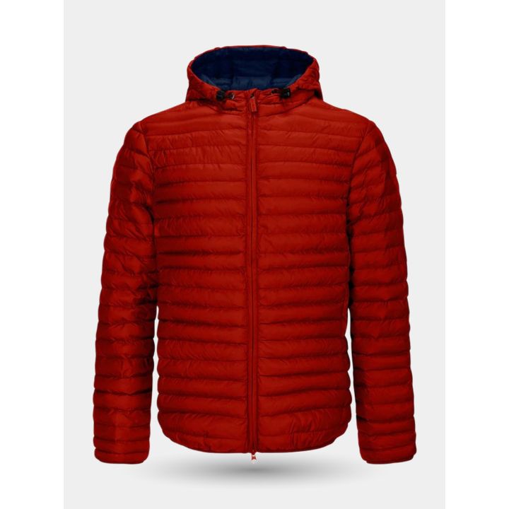 Giubbotto Invicta rosso da ragazzo con cappuccio foderato blu, vista frontale