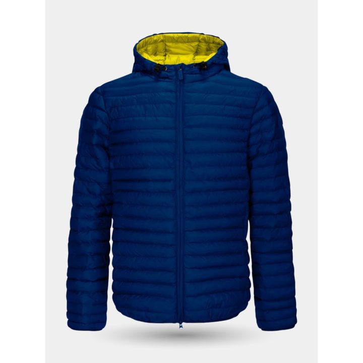 Giubbotto Invicta blu da ragazzo con cappuccio foderato giallo, vista frontale
