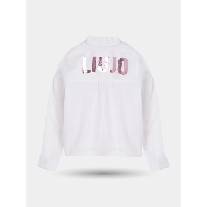 Retro della camicia bianca con logo Liu Jo rosa metallizzato