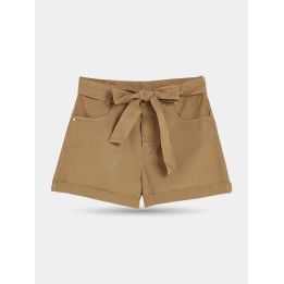 Shorts Liu Jo marroni con cintura annodata a fiocco e risvolto, vista frontale