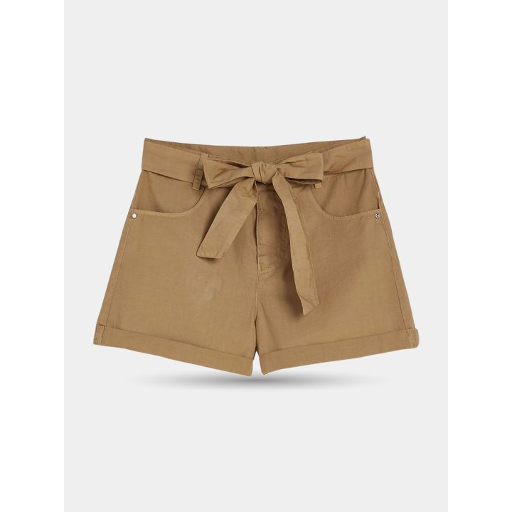 Shorts Liu Jo marroni con cintura annodata a fiocco e risvolto, vista frontale