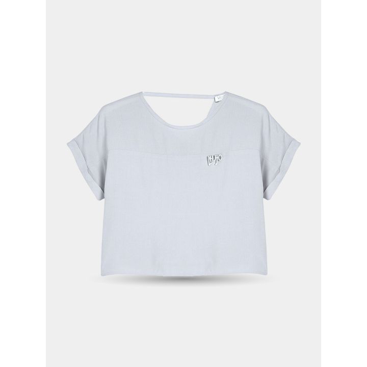 Top Liu Jo bianco corto con scollo sul retro, maniche con risvolto e logo