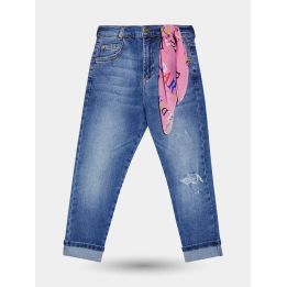 Jeans Liu Jo blu con strappo al ginocchio e risvolto, con foulard rosa al passante