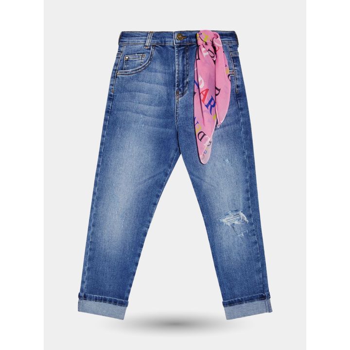 Jeans Liu Jo blu con strappo al ginocchio e risvolto, con foulard rosa al passante