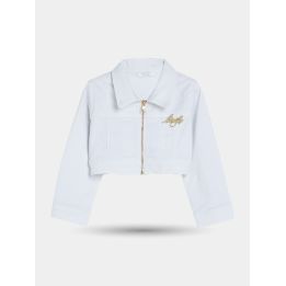 Giacca corta Liu Jo bianca con zip dorata e logo in metallo, vista frontale