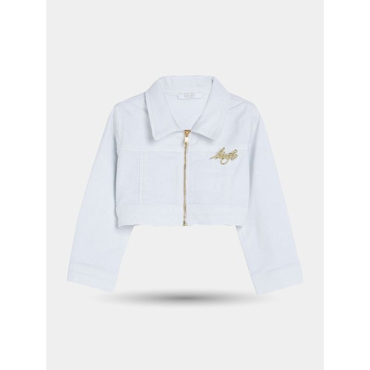 Giacca corta Liu Jo bianca con zip dorata e logo in metallo, vista frontale