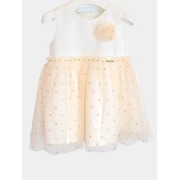 Abito Liu Jo bianco con gonna in tulle a pois dorati e fiore, vista frontale