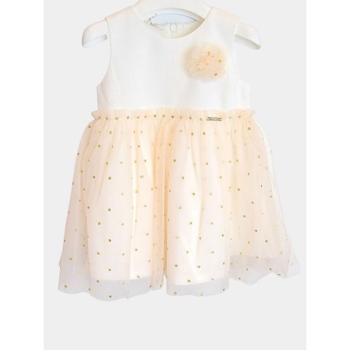 Abito Liu Jo bianco con gonna in tulle a pois dorati e fiore, vista frontale