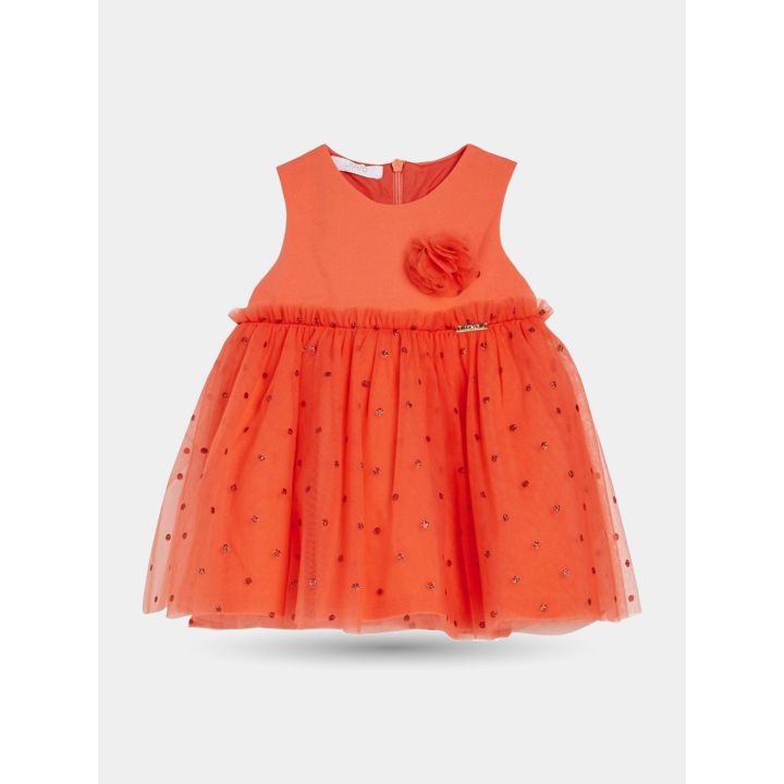 Abito Liu Jo rosso senza maniche con gonna in tulle e fiore, vista frontale