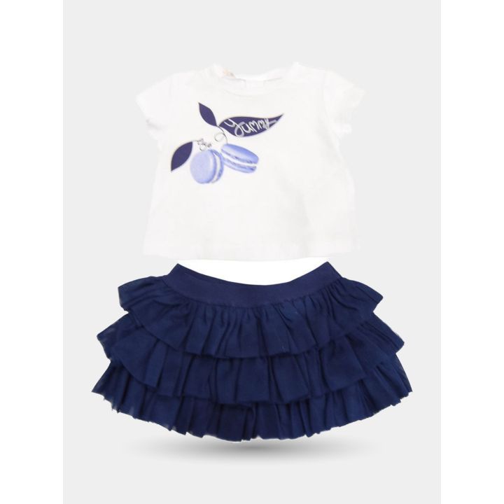 Completo Liu Jo con t-shirt bianca a macarons e pantaloncino blu a balze