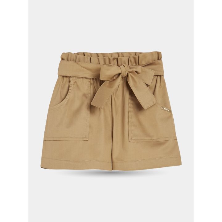 Shorts Liu Jo marroni con vita arricciata e fiocco in tessuto, vista frontale