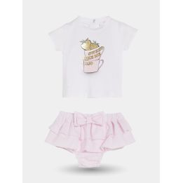 Completo Liu Jo con t-shirt bianca a fragole e culotte rosa a balze