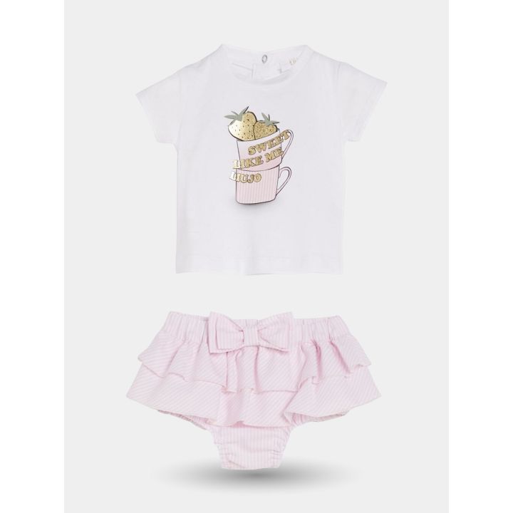 Completo Liu Jo con t-shirt bianca a fragole e culotte rosa a balze