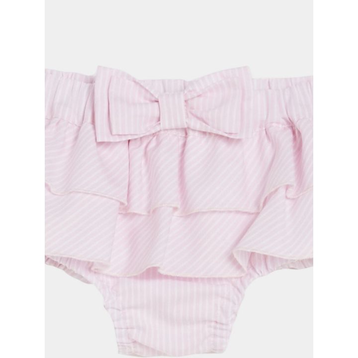 Dettaglio della culotte a righe rosa e bianche con balze e fiocco