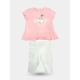 Completo Liu Jo con t-shirt rosa a balze e leggings bianchi, vista frontale