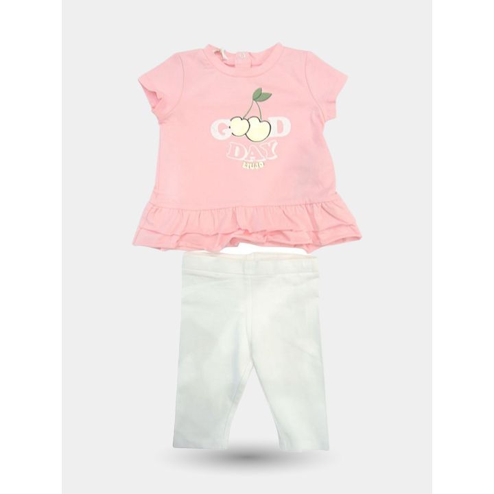 Completo Liu Jo con t-shirt rosa a balze e leggings bianchi, vista frontale