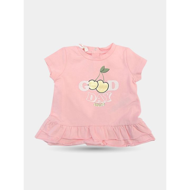 T-shirt rosa con scritta Good day e ciliegie, fondo a doppia balza