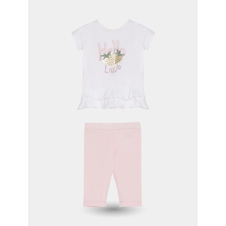 Completo Liu Jo con t-shirt bianca Hello a fragole e leggings rosa