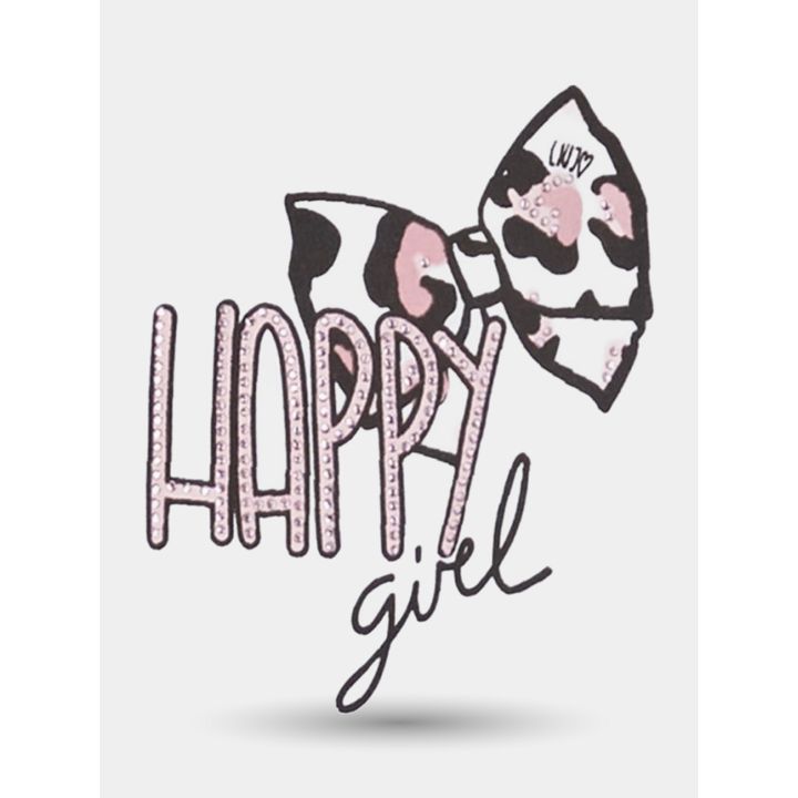 Dettaglio della scritta Happy girl con fiocco animalier rosa e nero