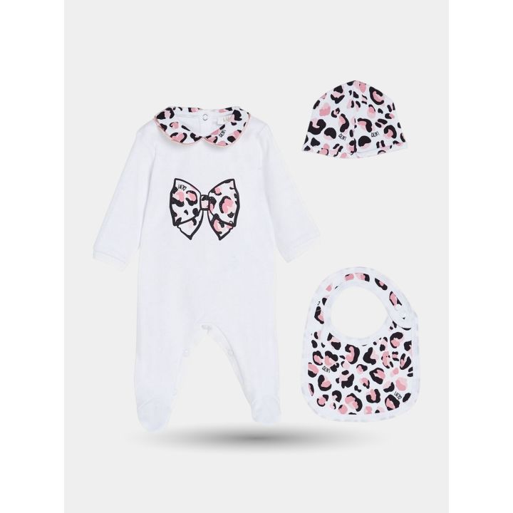 Set Liu Jo con tutina bianca, bavaglino e cappellino animalier rosa