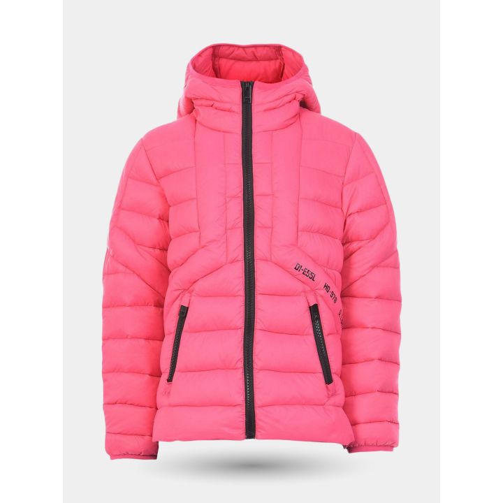 Giubbotto Diesel fucsia da ragazza vista frontale con cappuccio e zip