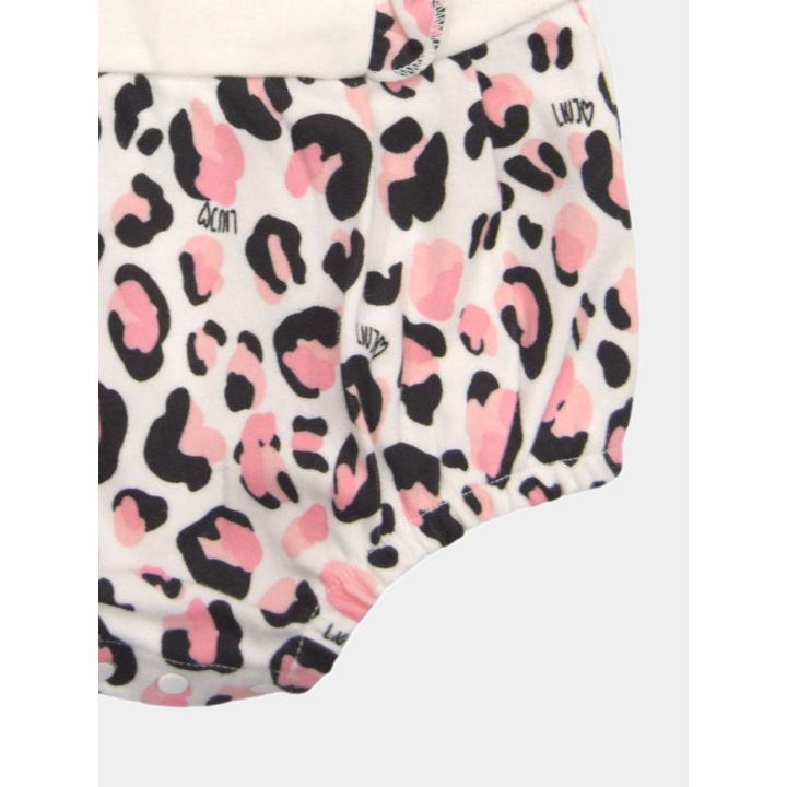 Dettaglio della stampa animalier rosa e nera con loghi Liu Jo