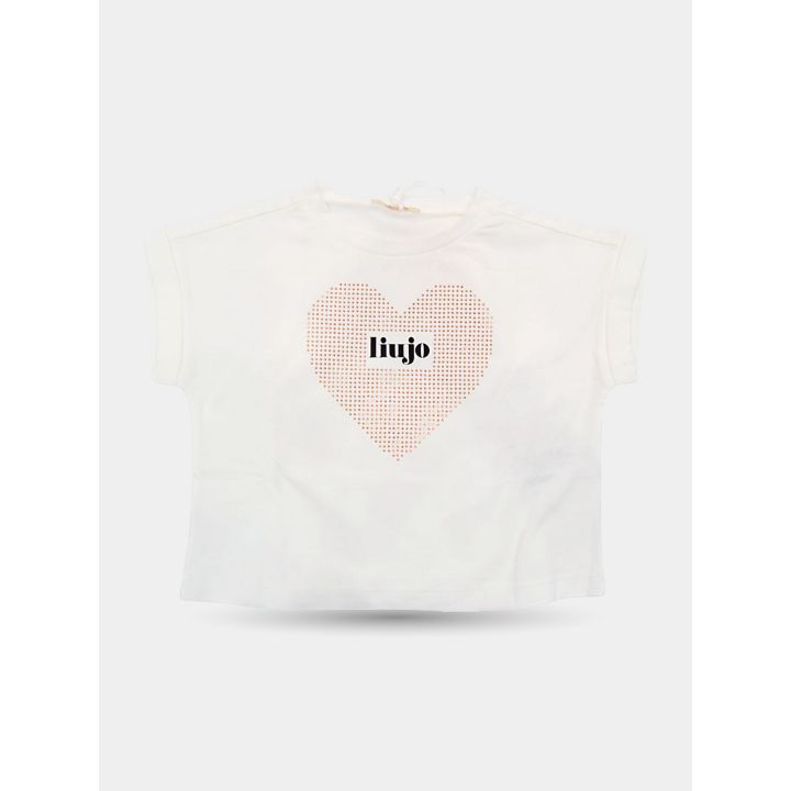 T-shirt Liu Jo con grande cuore rosa a puntini e scritta liujo, vista frontale