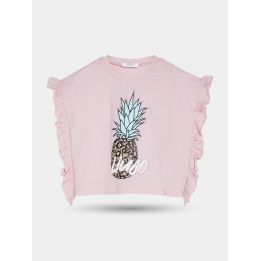 T-shirt Liu Jo rosa con ananas animalier e volant ai lati, vista frontale