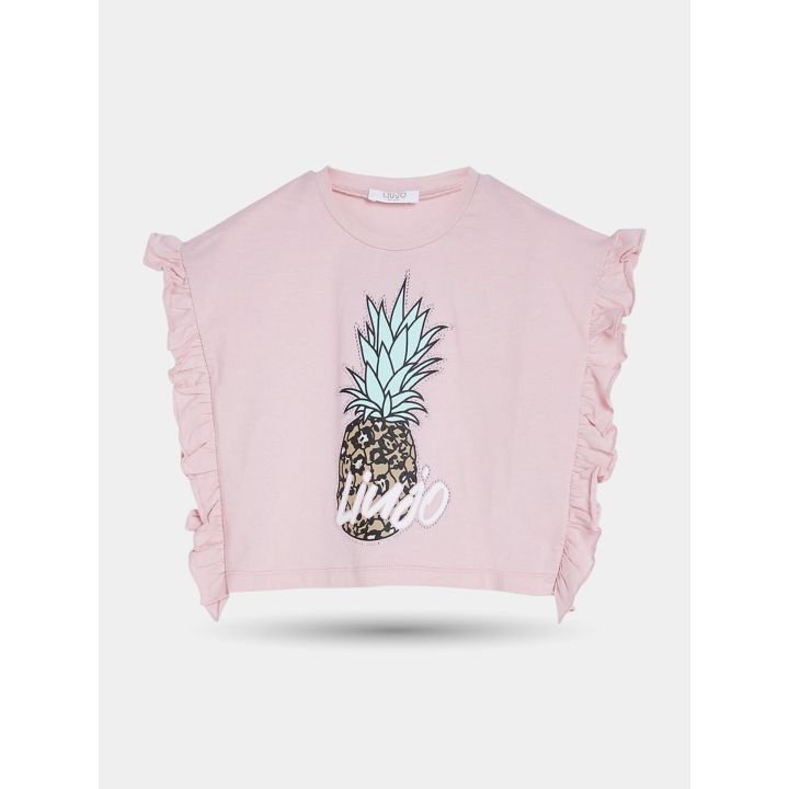 T-shirt Liu Jo rosa con ananas animalier e volant ai lati, vista frontale