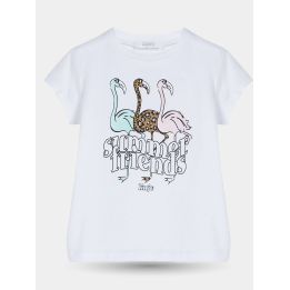 T-shirt Liu Jo bianca con tre fenicotteri e scritta summer friends, vista frontale