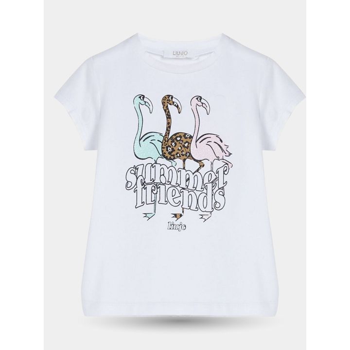 T-shirt Liu Jo bianca con tre fenicotteri e scritta summer friends, vista frontale