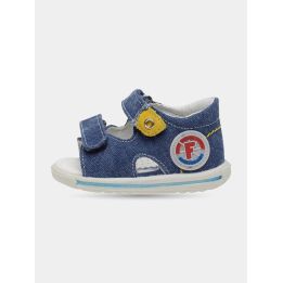 Sandali Falcotto blu jeans con toppa gialla, vista laterale