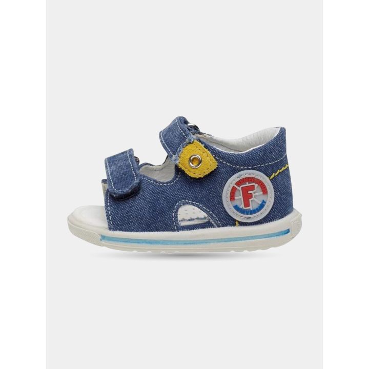 Sandali Falcotto blu jeans con toppa gialla, vista laterale