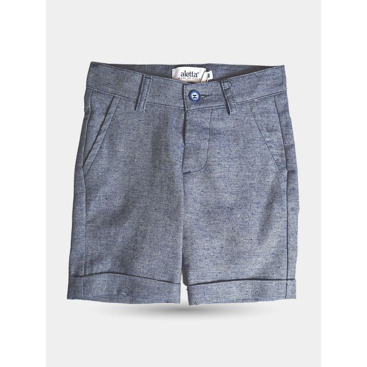 Bermuda Aletta blu mélange da bambino vista frontale con bottone blu