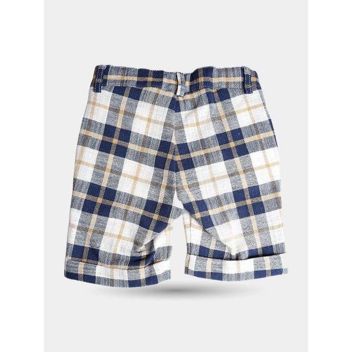 Retro del bermuda a quadri scozzesi blu, beige e panna con risvolto
