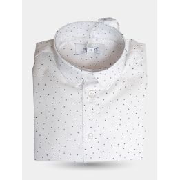 Camicia Aletta bianca a micro pois blu per neonato piegata, vista frontale