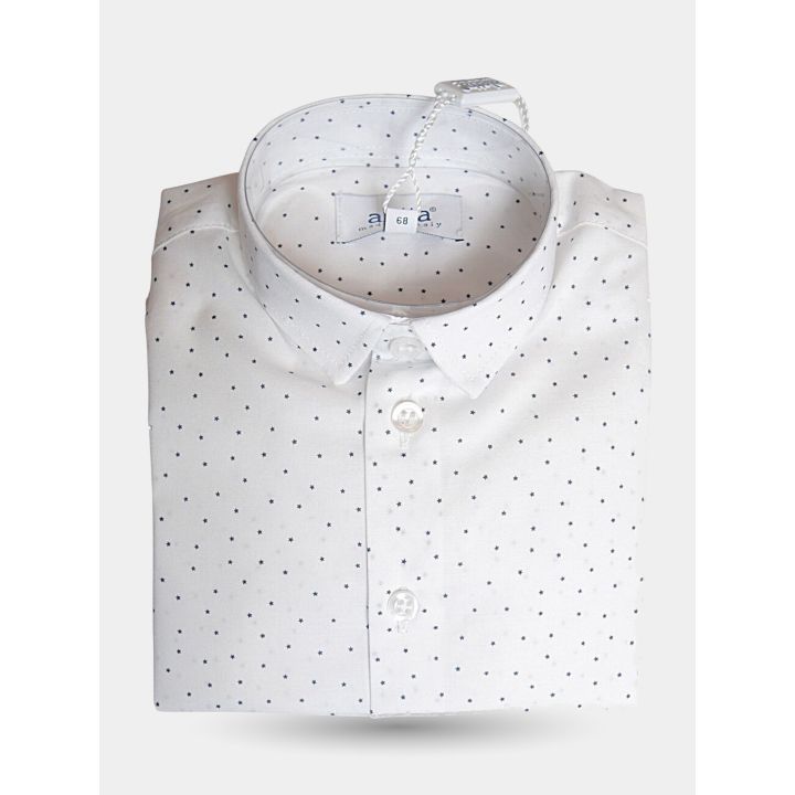 Camicia Aletta bianca a micro pois blu per neonato piegata, vista frontale