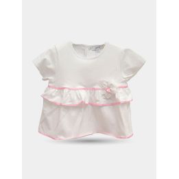 Top Aletta bianco con balza bordata di rosa e fiore applicato, davanti