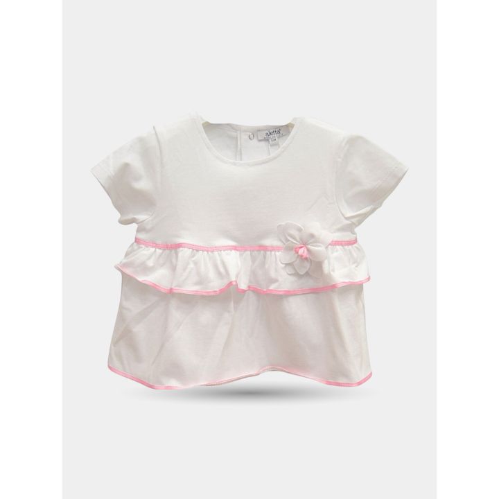 Top Aletta bianco con balza bordata di rosa e fiore applicato, davanti
