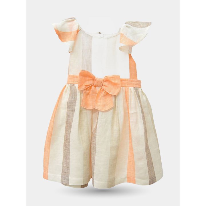 Vestito neonata Aletta a righe arancio e beige con fiocco, vista frontale
