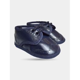 Scarpe da cerimonia Aletta blu da neonato con decori traforati, vista di tre quarti