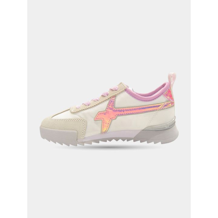 Sneaker W6YZ bianca con logo rosa cangiante, vista laterale