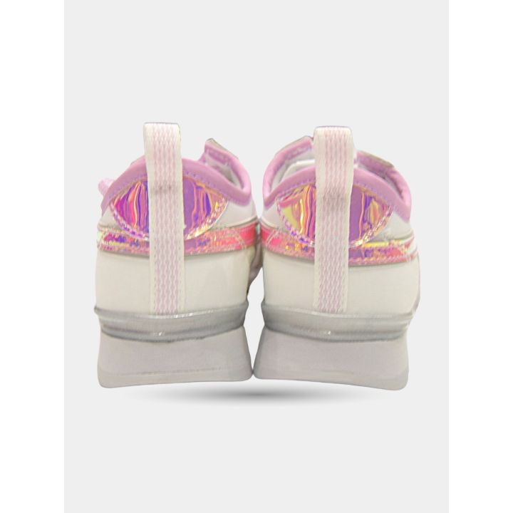 Retro delle sneakers W6YZ bianche con bordi rosa cangianti e linguetta