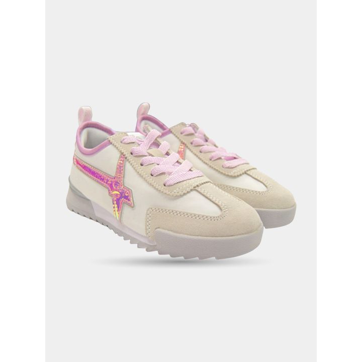 Paio di sneakers W6YZ bianche e rosa di tre quarti con lacci rosa