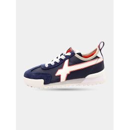 Sneaker W6YZ blu con logo bianco bordato di rosso, vista laterale