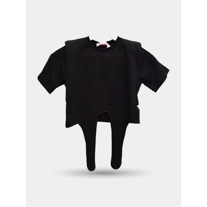 T-shirt Kontatto nera con spalle squadrate e due lacci sul davanti, vista frontale
