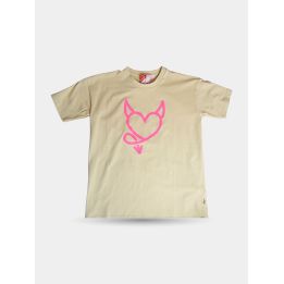 T-shirt Kontatto beige con cuore diavoletto rosa sul petto, vista frontale