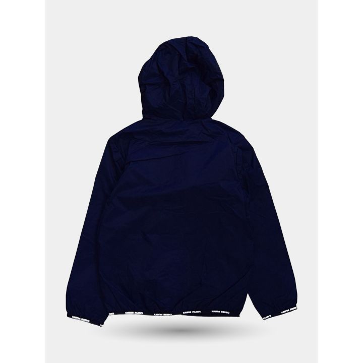 Retro della giacca a vento blu navy con cappuccio e fondo elastico logato